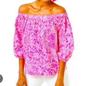 Lilly Pulitzer Pink and White Ruffled 3/4 Sleeve Blouse